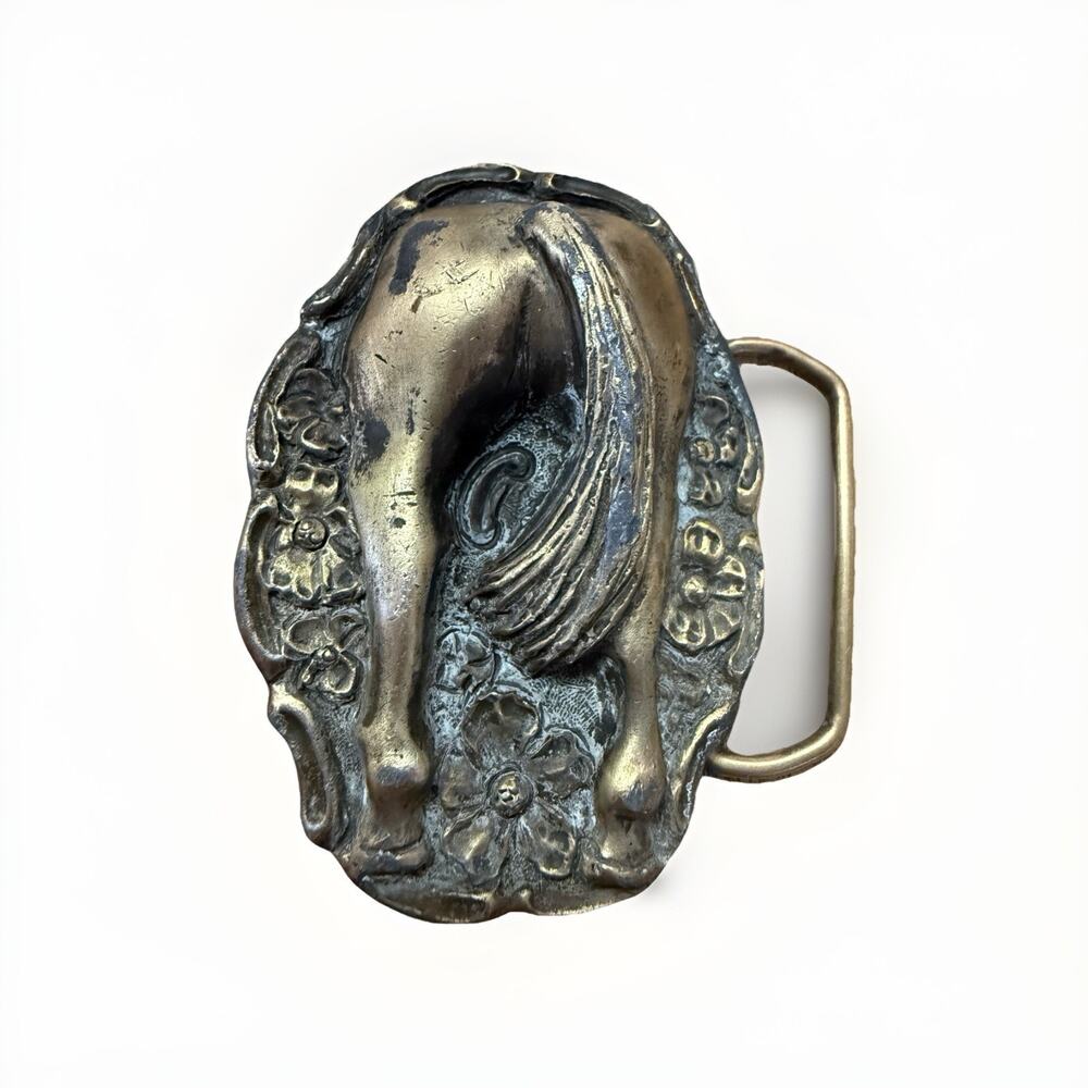 Vintage Western Horseback Flower Brass Metal Belt Buckle No.1167 Made In USA